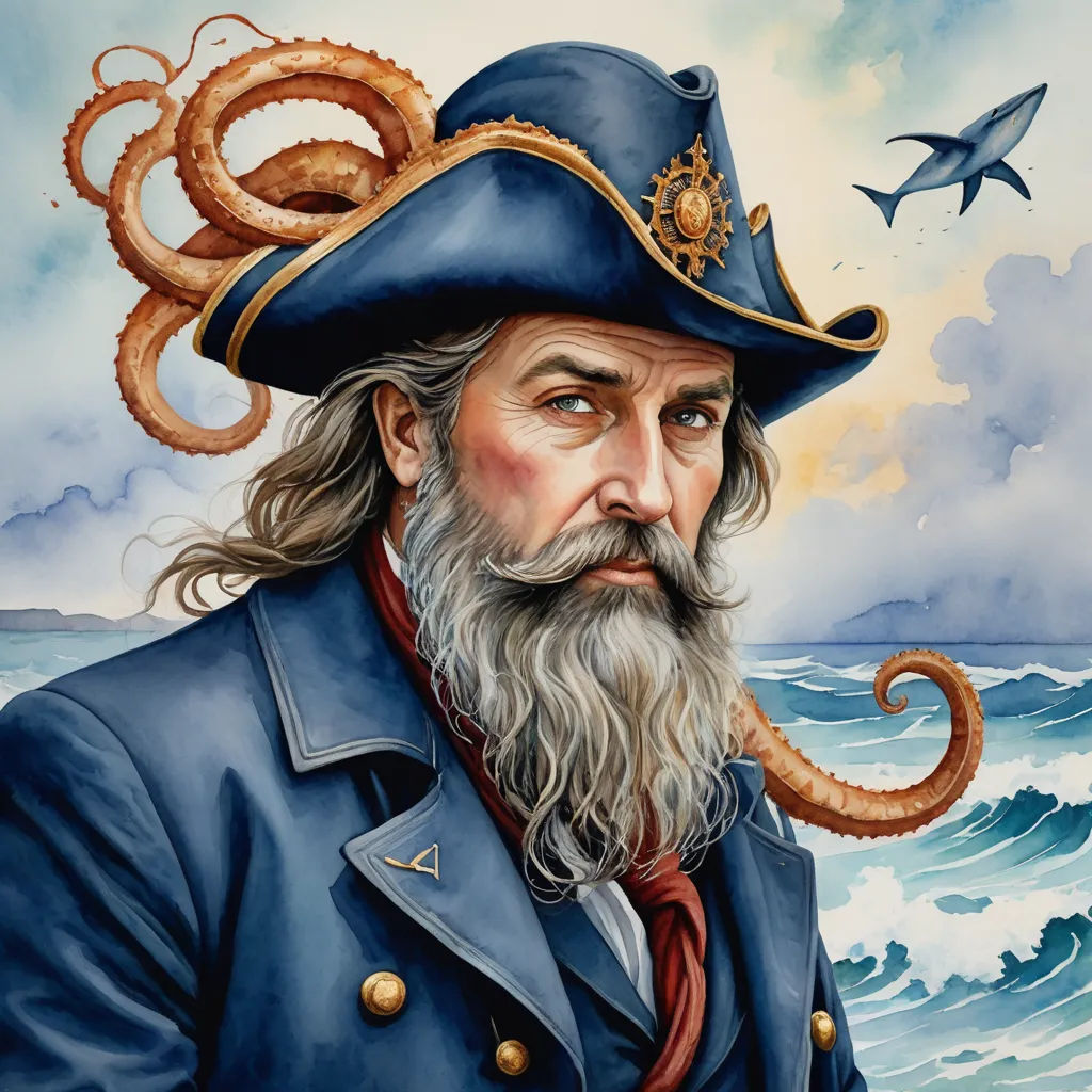 a painting of a man with a beard and a hat on, with a sea snake on his shoulder, fantasy art, a character portrait, Aaron Jasinski, dnd character portrait
