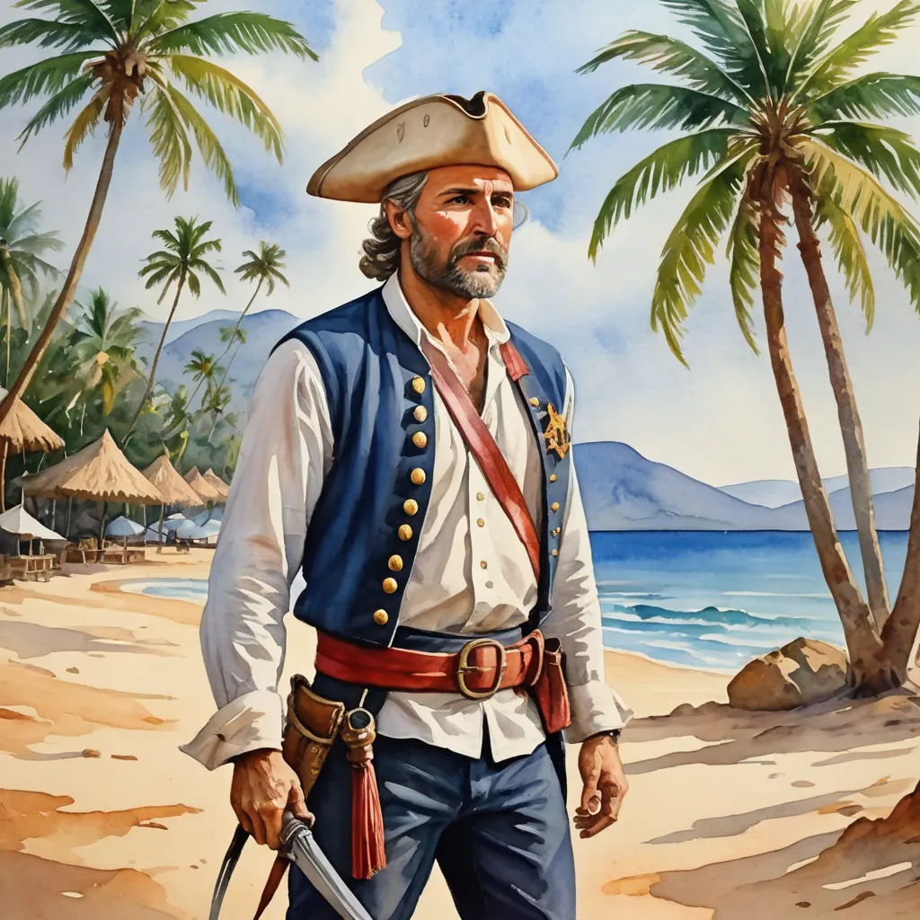 a painting of a man in a pirate costume on a beach with palm trees and a beach hut in the background, american scene painting, a character portrait, Alex Horley-Orlandelli, official art
