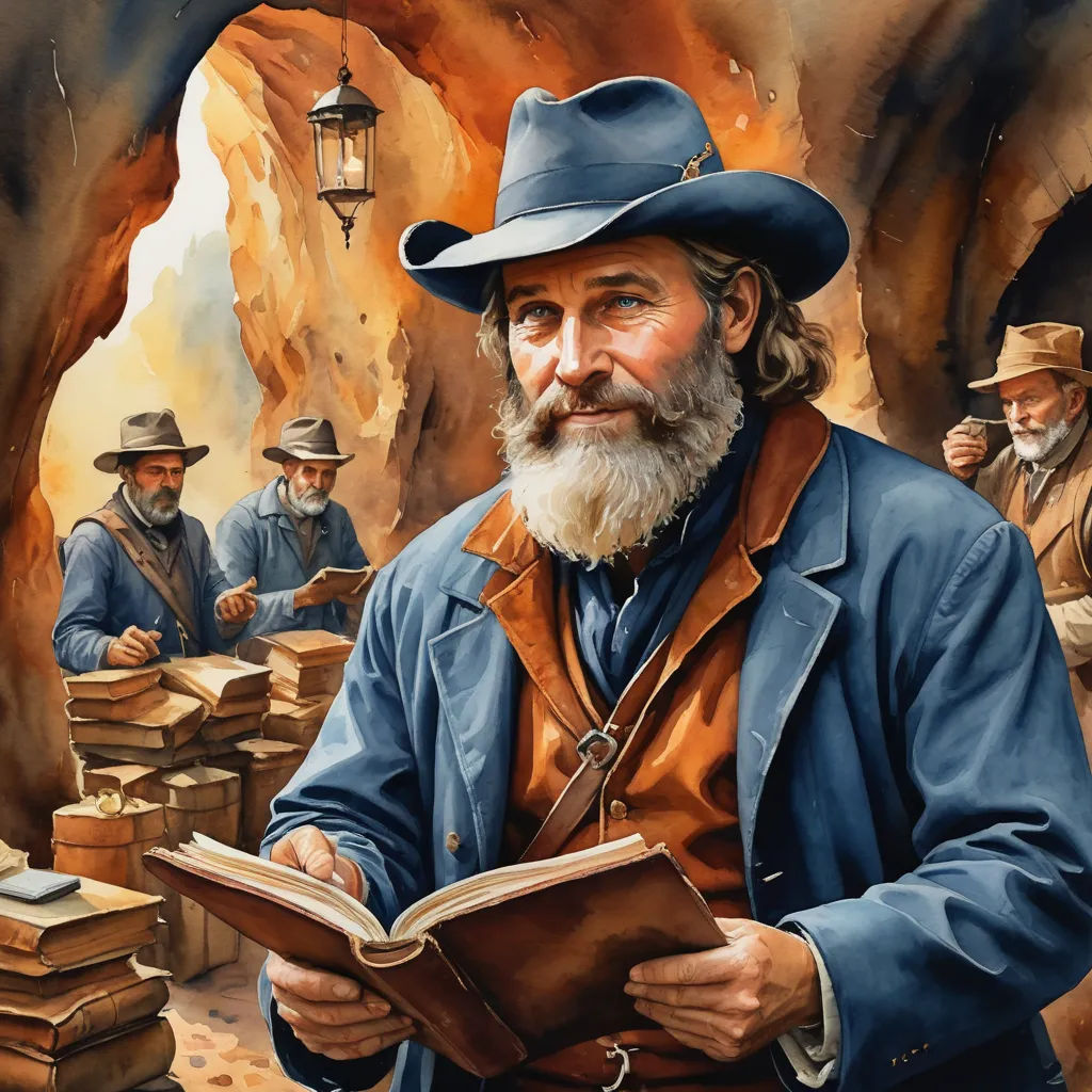 a painting of a man with a beard and a hat reading a book in a cave with other men, art & language, a storybook illustration, Drew Struzan, western comic book art