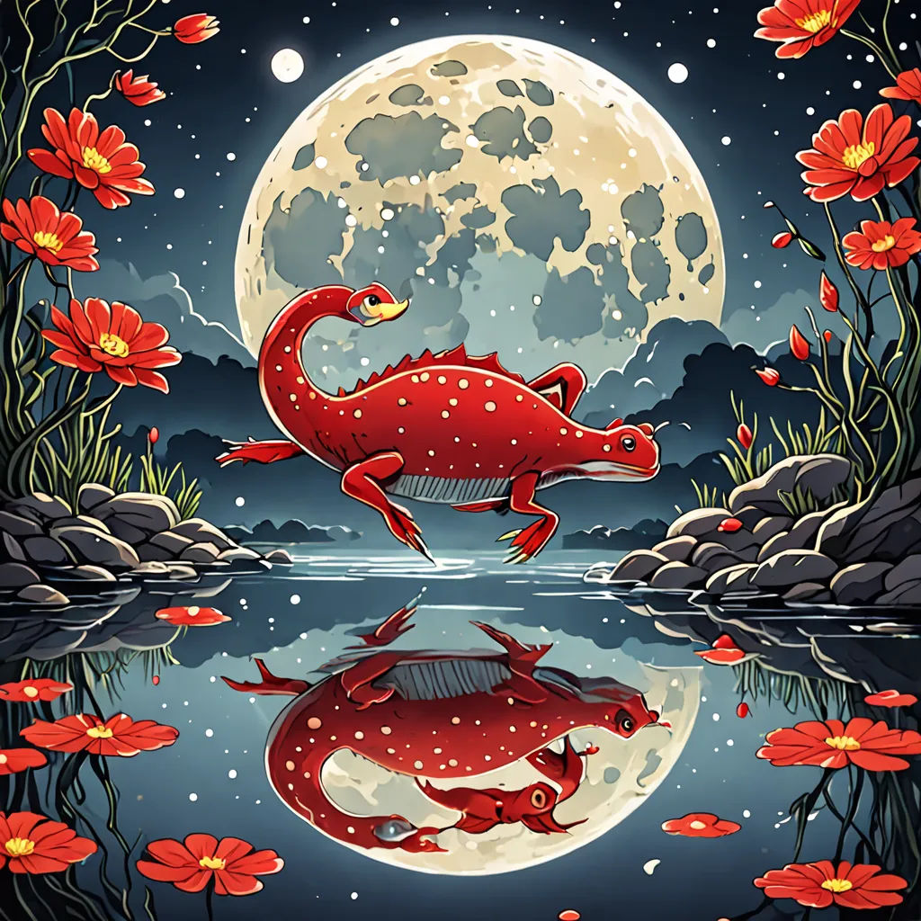a red dragon floating in the water with a full moon in the background and red flowers in the foreground, psychedelic art, a storybook illustration, Chris LaBrooy, highly detailed digital art