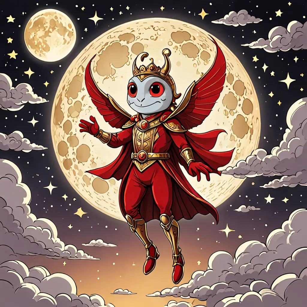 a cartoon character flying through the air with a full moon in the background and clouds in the foreground, fantasy art, a storybook illustration, Craola, comic cover art