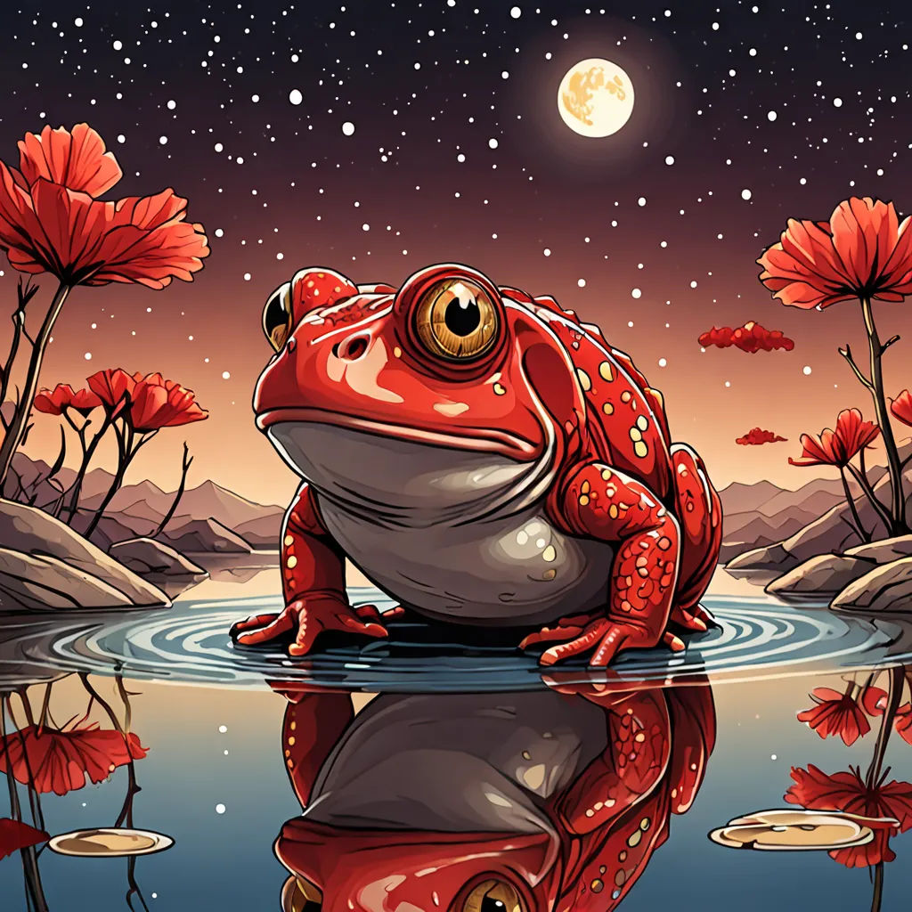 a red frog sitting on top of a puddle of water under a full moon and stars sky with red flowers, psychedelic art, a storybook illustration, Dan Mumford, josan gonzales and dan mumford