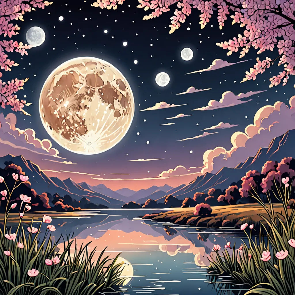 a painting of a full moon over a lake with flowers in the foreground and a mountain range in the background, space art, a storybook illustration, Dan Mumford, full moon