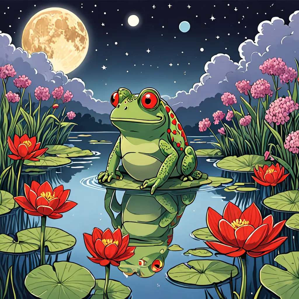 a frog sitting on a lily pad in a pond with a full moon in the background and a full moon in the sky, psychedelic art, a storybook illustration, Andries Stock, storybook illustration