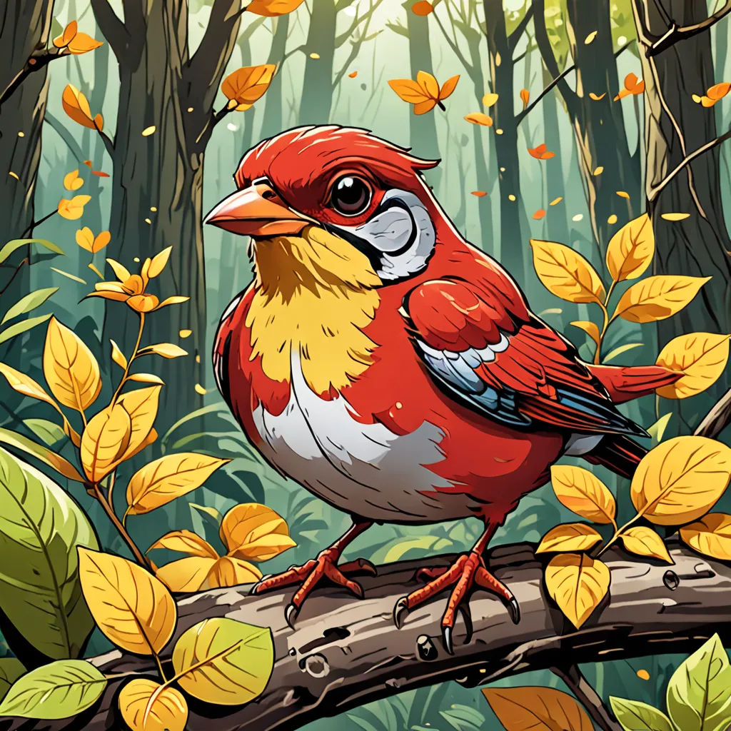 a bird sitting on a branch in a forest with leaves on the ground and a tree in the background, magic realism, a storybook illustration, Chris LaBrooy, highly detailed digital painting
