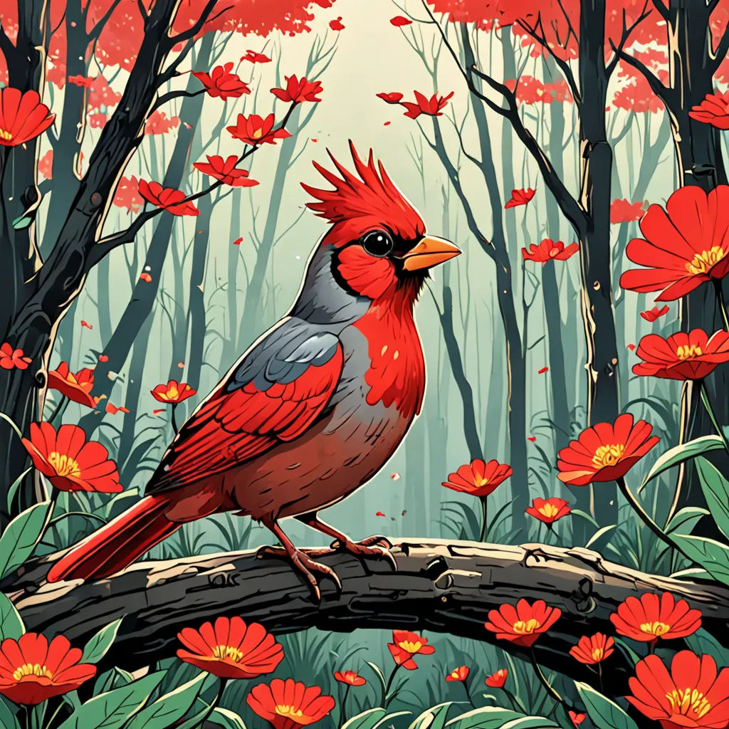 a bird sitting on a branch in a forest with red flowers and trees in the background, with a red sky, generative art, a storybook illustration, Chris LaBrooy, highly detailed digital painting