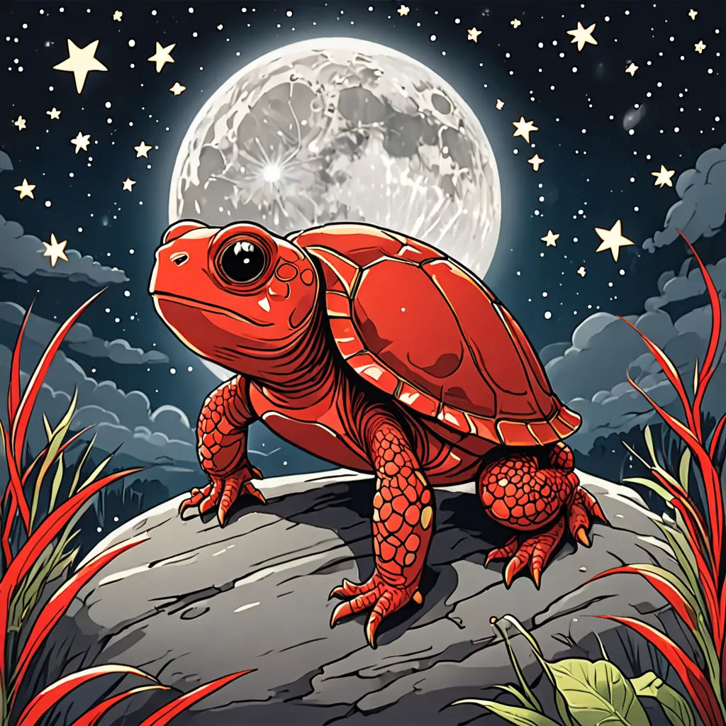 a red turtle sitting on a rock under a full moon with stars and grass around it, with a full moon in the background, space art, a storybook illustration, Dan Mumford, red