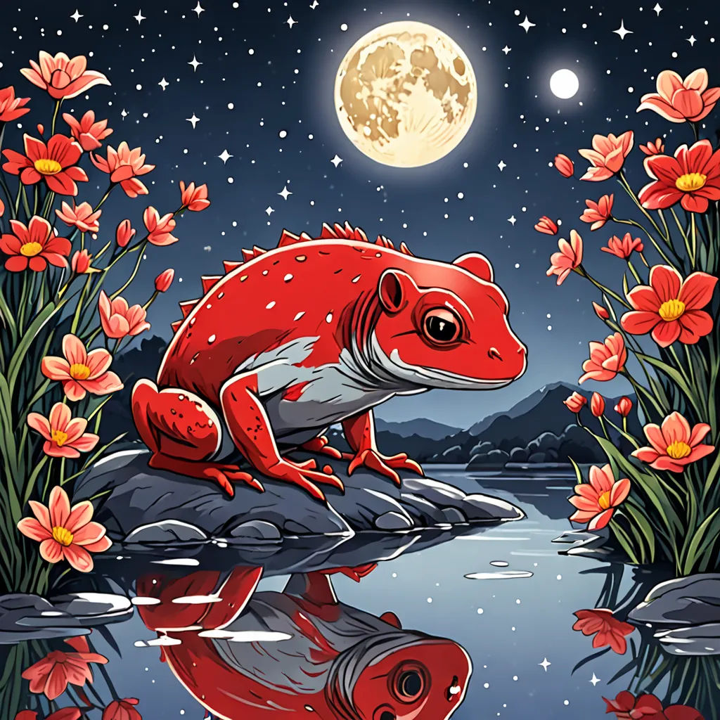 a red frog sitting on a rock in a pond with flowers and a full moon in the background with a reflection in the water, pop surrealism, a storybook illustration, Chris LaBrooy, highly detailed digital art
