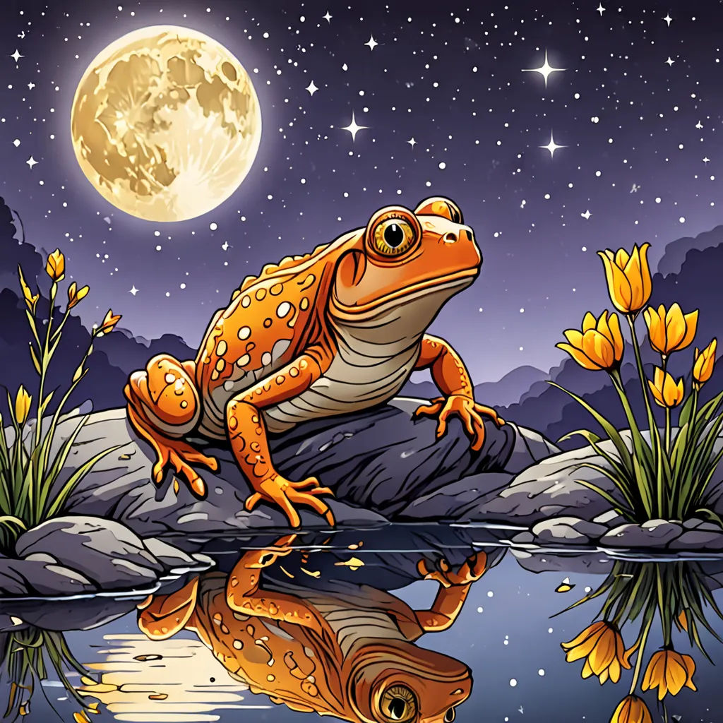 a frog sitting on a rock in the water with a full moon in the background and flowers in the foreground, fantasy art, a storybook illustration, Andries Stock, highly detailed digital art