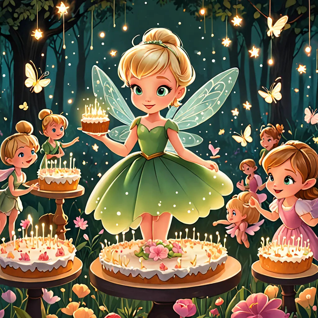a cartoon fairy with a cake and many other children around it with candles in the air and a forest with flowers and butterflies, fantasy art, a storybook illustration, disney, storybook illustration