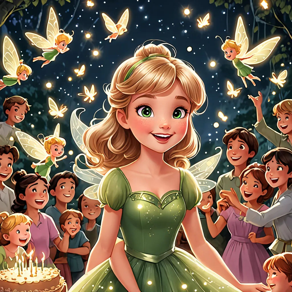a cartoon of a girl in a green dress surrounded by children and a cake with candles on it and a fairy on the side, magical realism, a storybook illustration, disney, official art