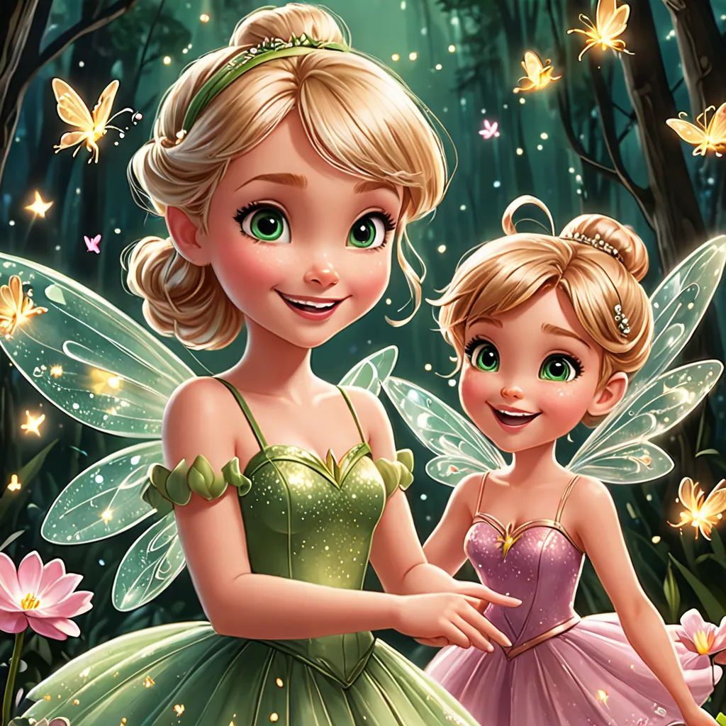 a couple of fairy girls standing next to each other in a forest with flowers and butterflies on the ground, fantasy art, a storybook illustration, disney, kinkade