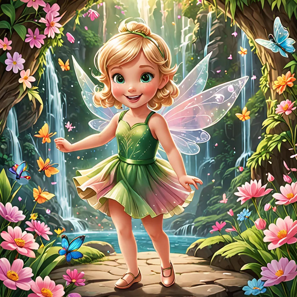 a cartoon fairy standing in front of a waterfall with flowers and butterflies around her, with a waterfall in the background, fantasy art, a storybook illustration, Anne Stokes, kinkade