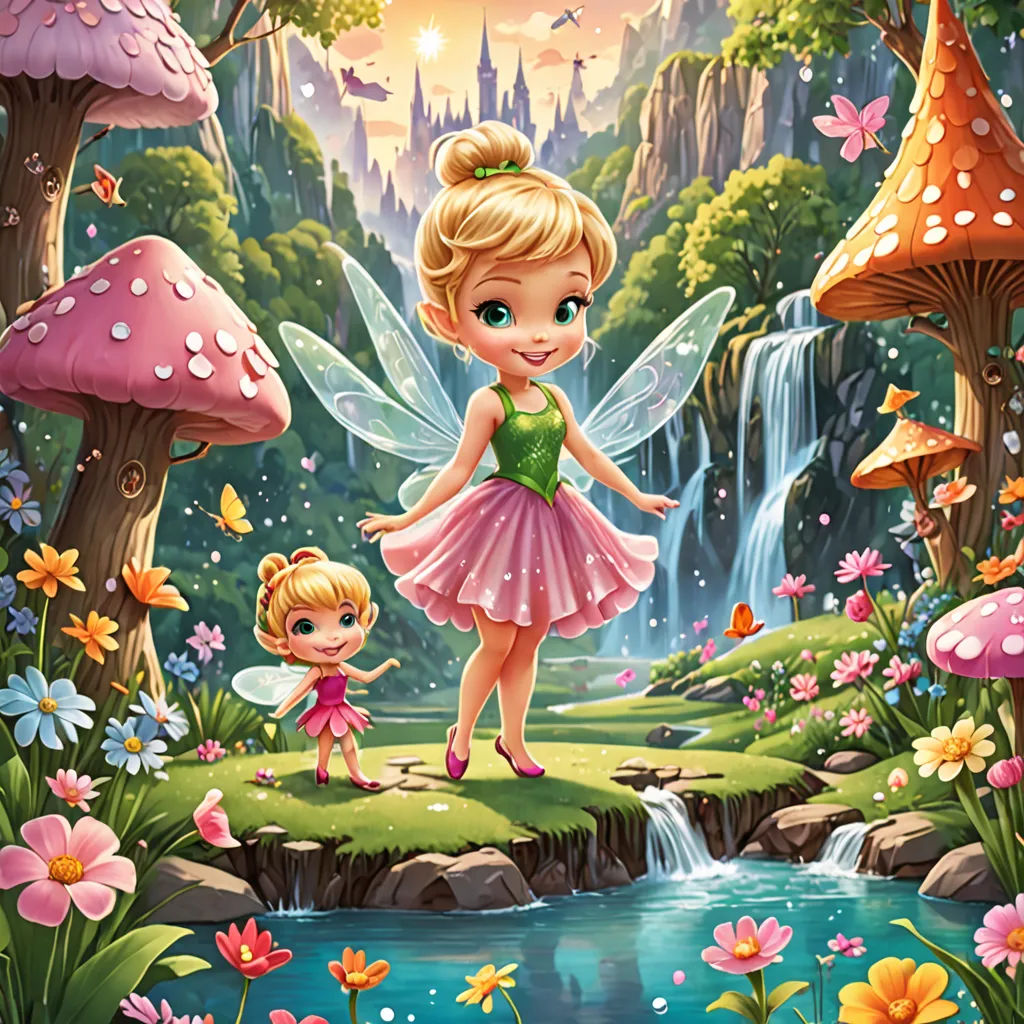 a fairy and a little girl are standing in the forest by a waterfall with a waterfall in the background, fantasy art, a storybook illustration, Anne Stokes, kinkade