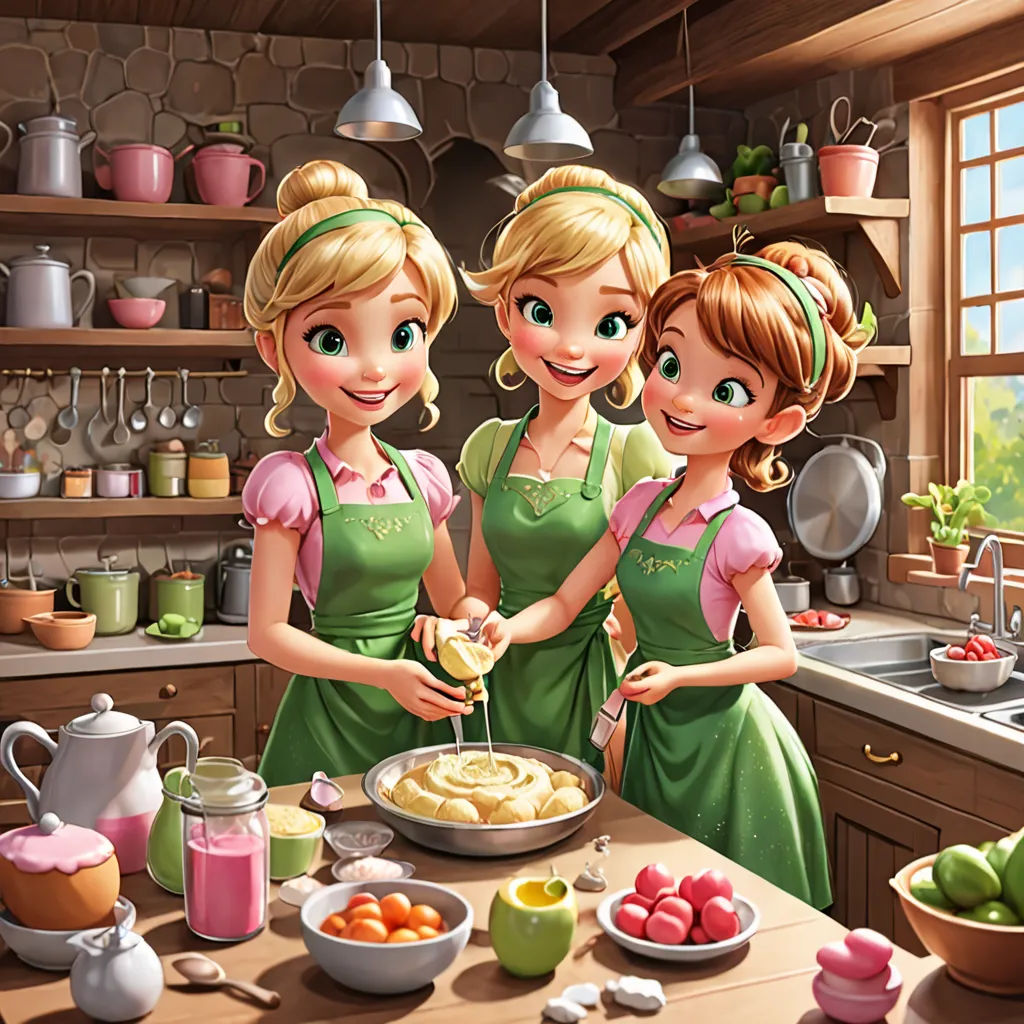 a painting of three women in a kitchen preparing food together, with a window in the background and a pot of fruit on the counter, lyco art, a storybook illustration, disney, official art