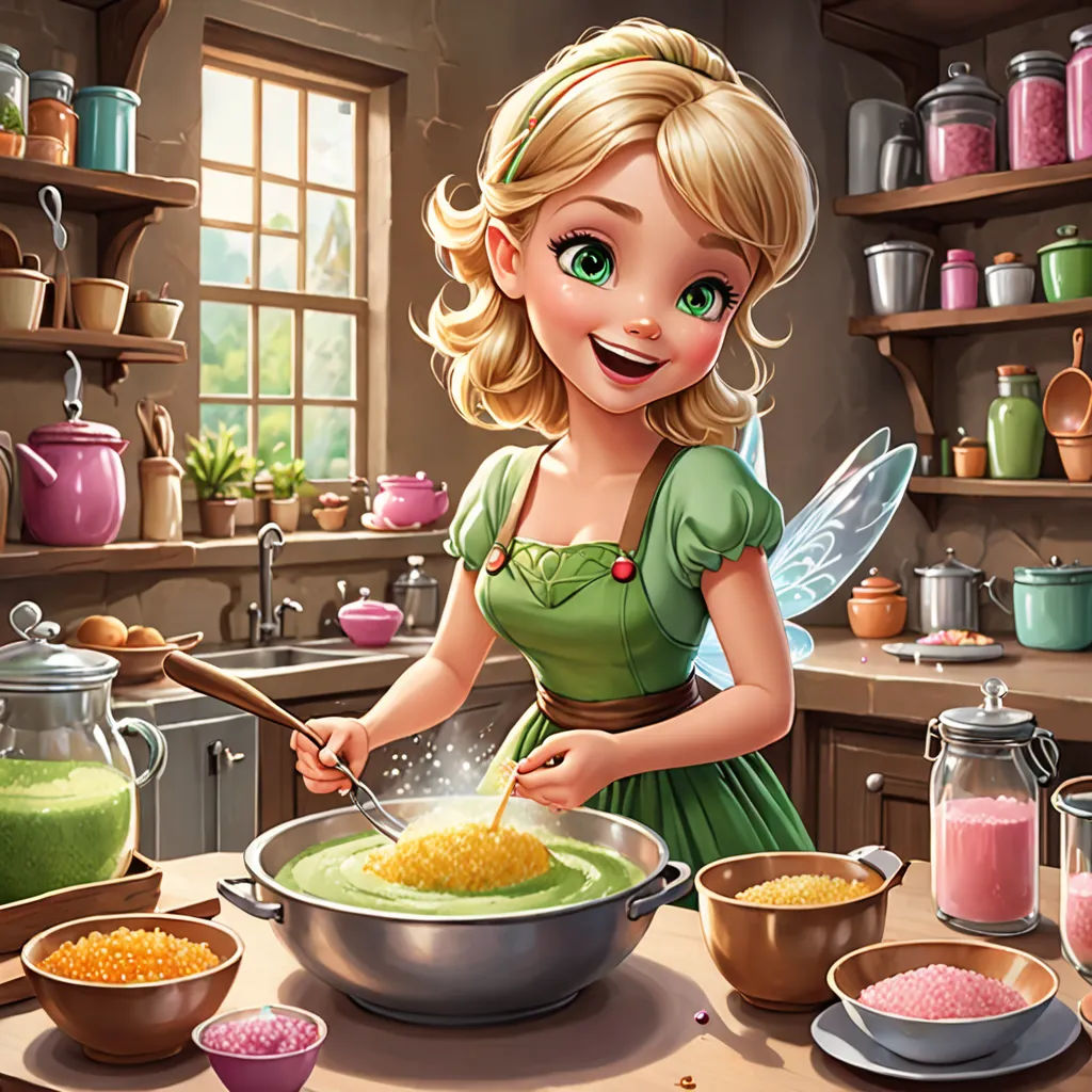 a cartoon girl cooking in a kitchen with lots of food on the table and a large pot of food on the counter, fantasy art, a storybook illustration, Edwin Georgi, high detail illustration