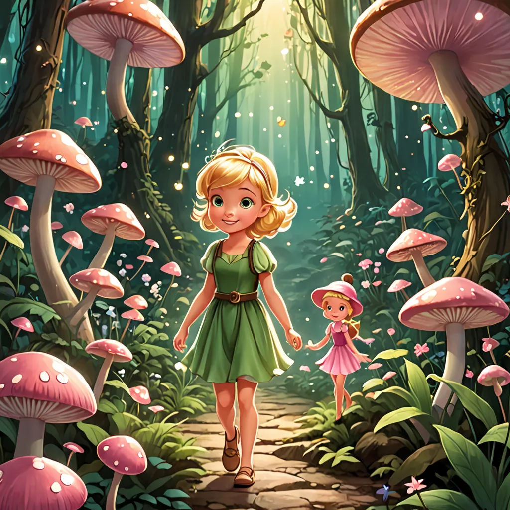 a little girl and a little girl walking through a forest with mushrooms and mushrooms on the ground, with a light shining through the trees, fantasy art, a storybook illustration, Alice Prin, rossdraws global illumination