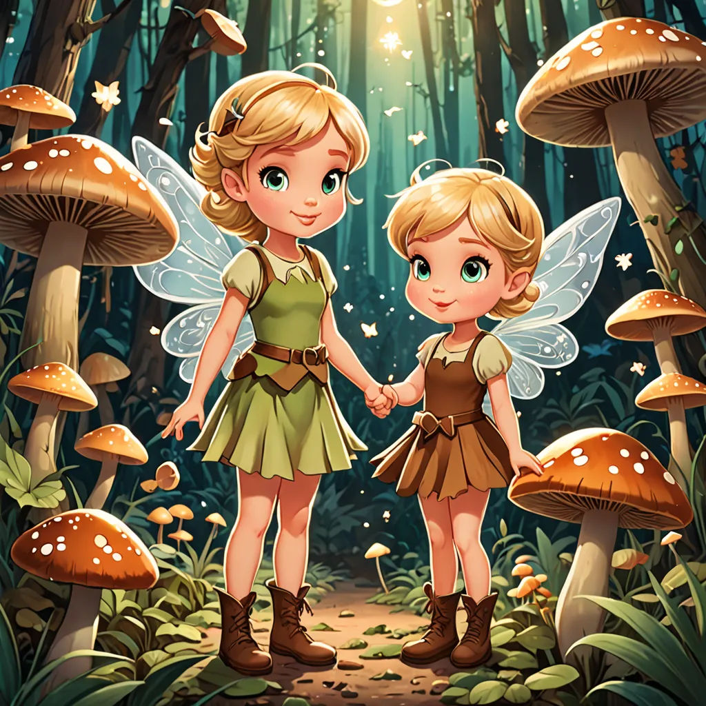two little girls standing in the woods holding hands with mushrooms behind them and a light shining on them behind them, fantasy art, a storybook illustration, Cliff Childs, rossdraws global illumination