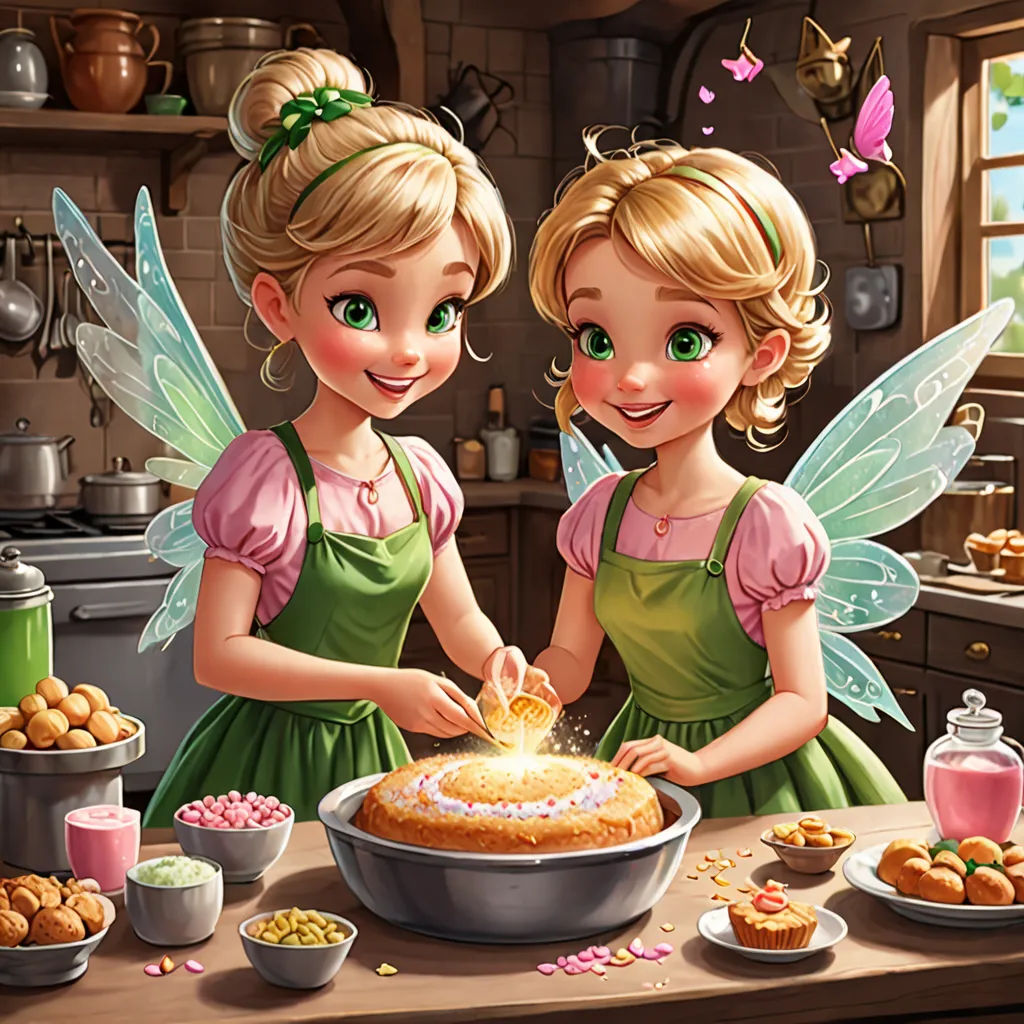 two little girls are making a cake together in the kitchen together, with a fairy on the side of the table, fantasy art, a storybook illustration, disney, highly detailed digital painting