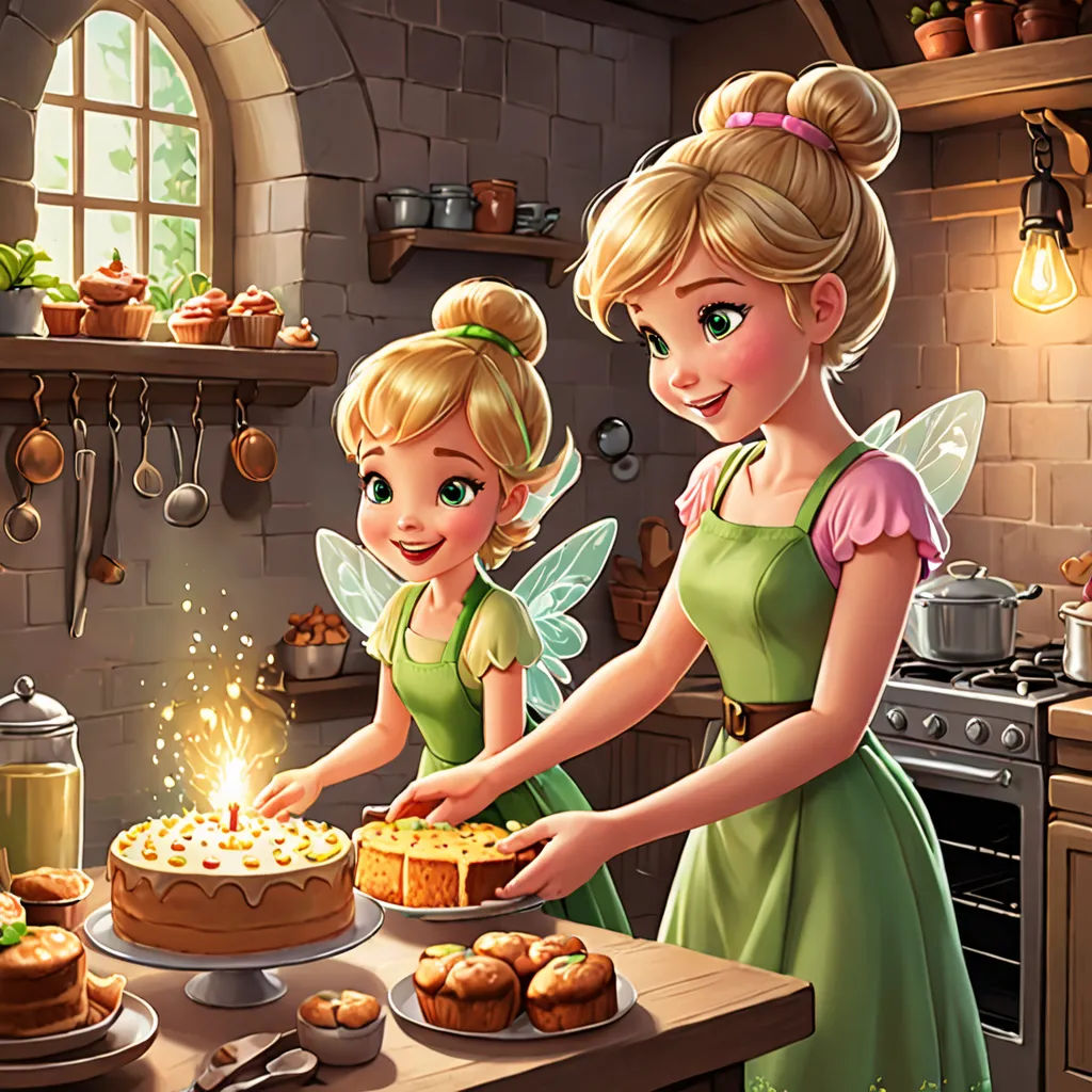 a couple of women standing next to a cake on a counter top in a kitchen with a cake on a plate, fantasy art, a storybook illustration, disney, kinkade