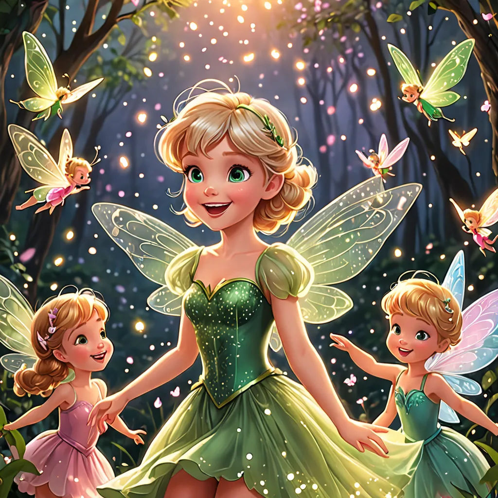 a painting of a fairy with two little girls in the woods with butterflies around her and a firefly above her, fantasy art, a storybook illustration, disney, official art