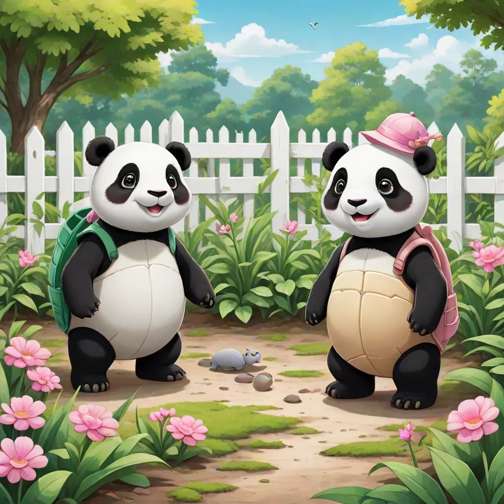 two panda bears are standing in the grass and flowers near a fence and a turtle in a pink hat, Chen Hong, sots art, a painting, official art