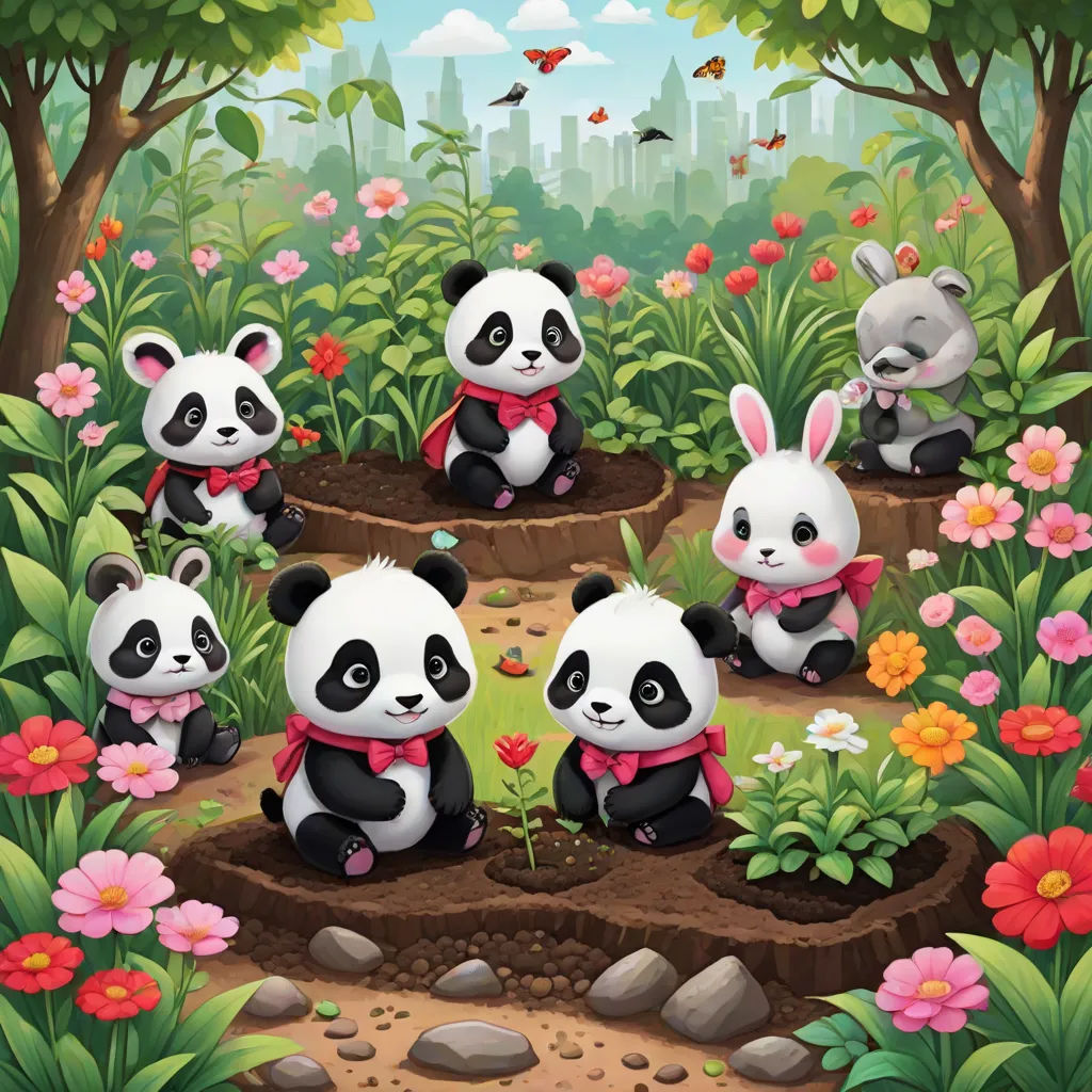 a group of pandas sitting in the middle of a forest with flowers and trees around them, and a city in the background, Adrian Zingg, pop surrealism, a storybook illustration, game art