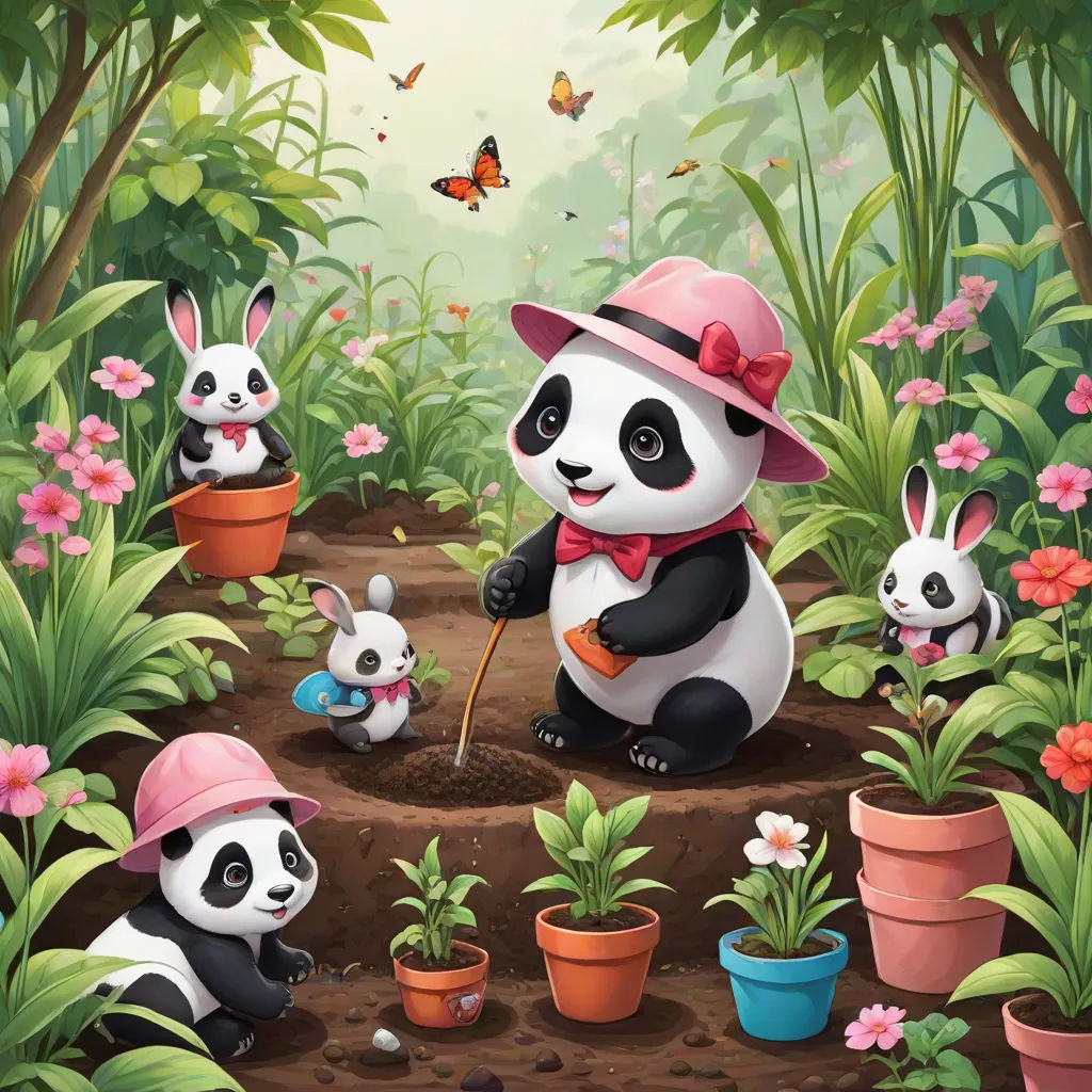 a panda bear and two baby pandas in a garden with flowers and butterflies around it, and a butterfly flying above, Chen Hong, fantasy art, a storybook illustration, highly detailed digital painting