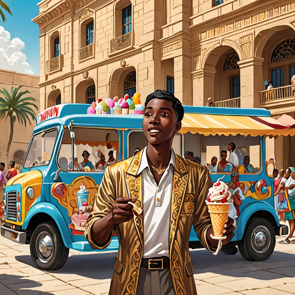 a man standing in front of a blue ice cream truck with a man holding a cup of ice cream, american scene painting, a character portrait, Chris LaBrooy, high detail illustration