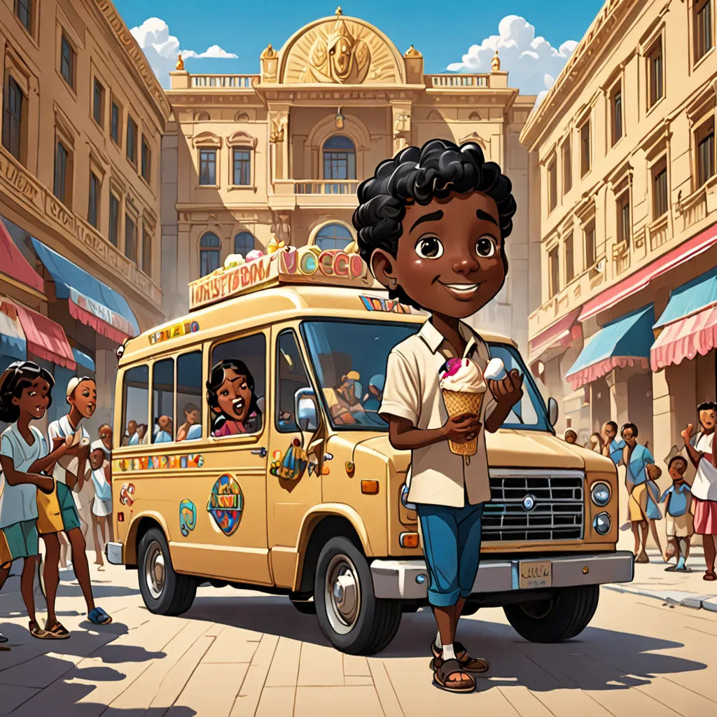 a cartoon of a man holding a cupcake in front of a food truck with people standing around it, magical realism, a storybook illustration, Chris LaBrooy, official art