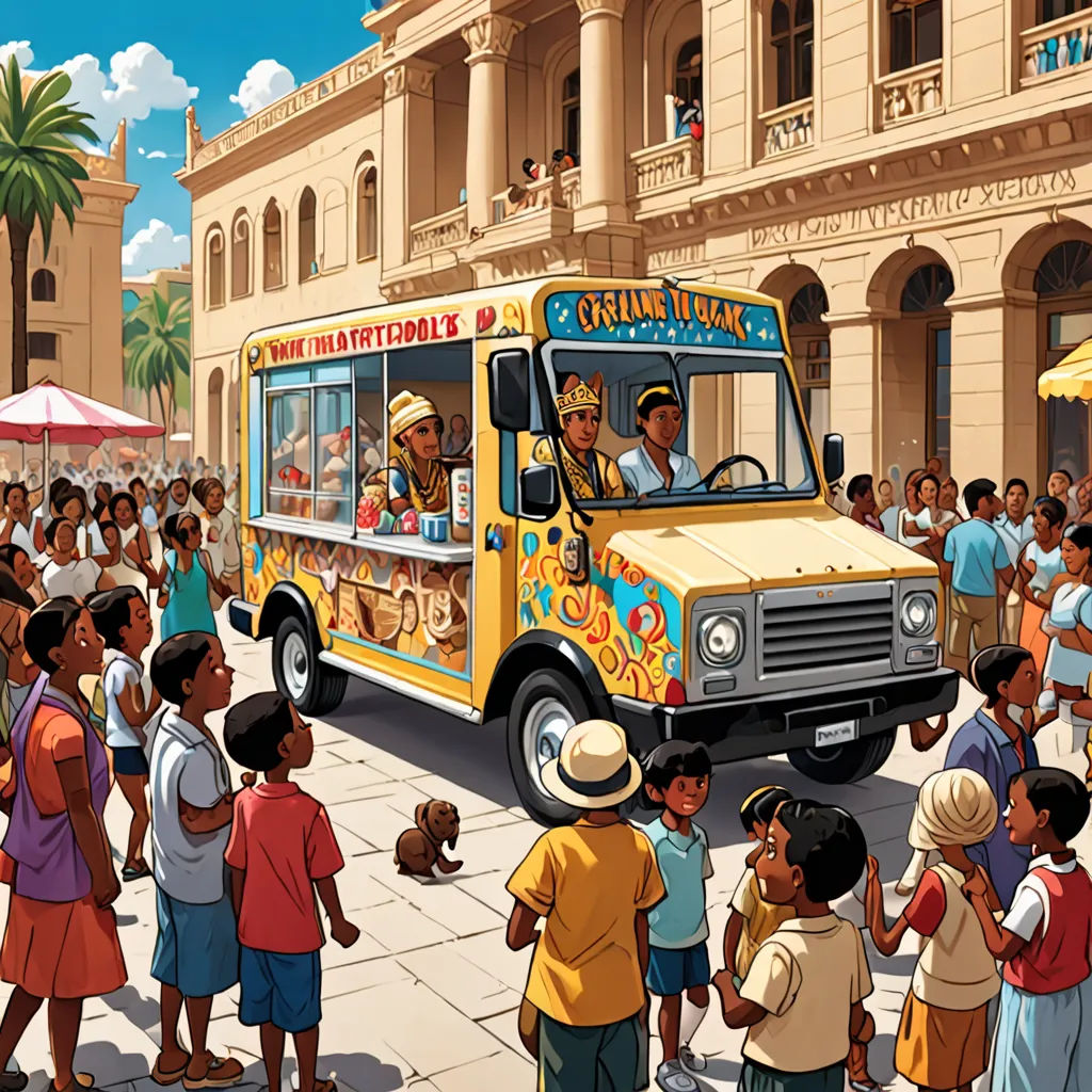 a painting of a food truck driving down a street with people standing around it and a man in a hat, magical realism, a storybook illustration, Chris LaBrooy, detailed illustration
