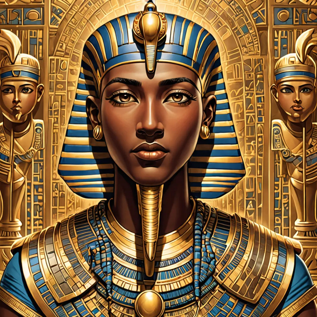 a painting of an egyptian woman with gold and blue hair and gold jewelry, with egyptian symbols around her, afrofuturism, egyptian art, Drew Struzan, highly detailed digital painting