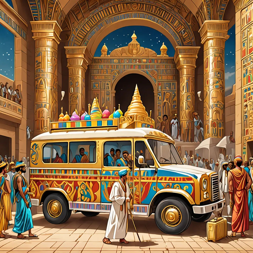 a painting of a bus with people standing around it in a building with columns and arches and a doorway, magical realism, egyptian art, Chris LaBrooy, highly detailed digital painting