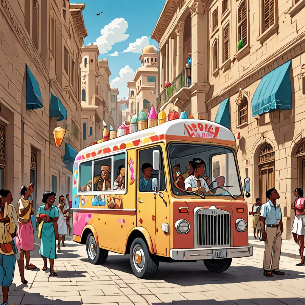 a painting of a food truck driving down a street with people standing around it and a man in a hat, magical realism, a storybook illustration, Chris LaBrooy, detailed illustration