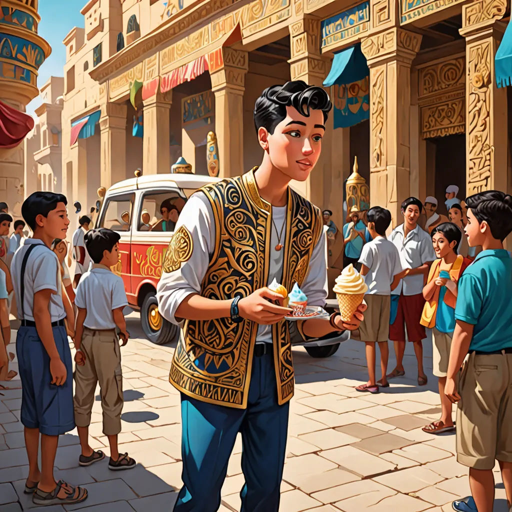 a painting of a man holding a cupcake in front of a crowd of people on a street corner, magical realism, a storybook illustration, Chris LaBrooy, official art