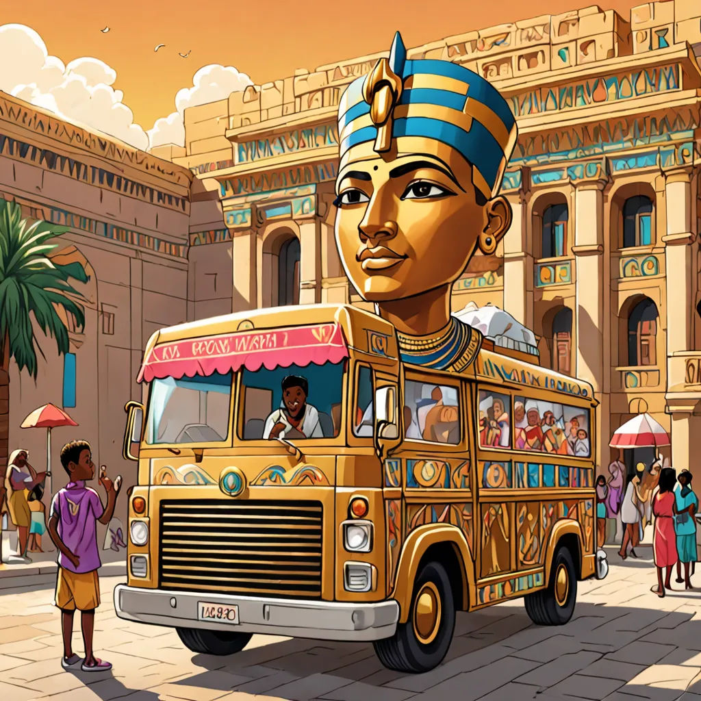 a cartoon of a bus with a egyptian head on it's side and people standing around it in front of a building, afrofuturism, egyptian art, Chris LaBrooy, high detail illustration
