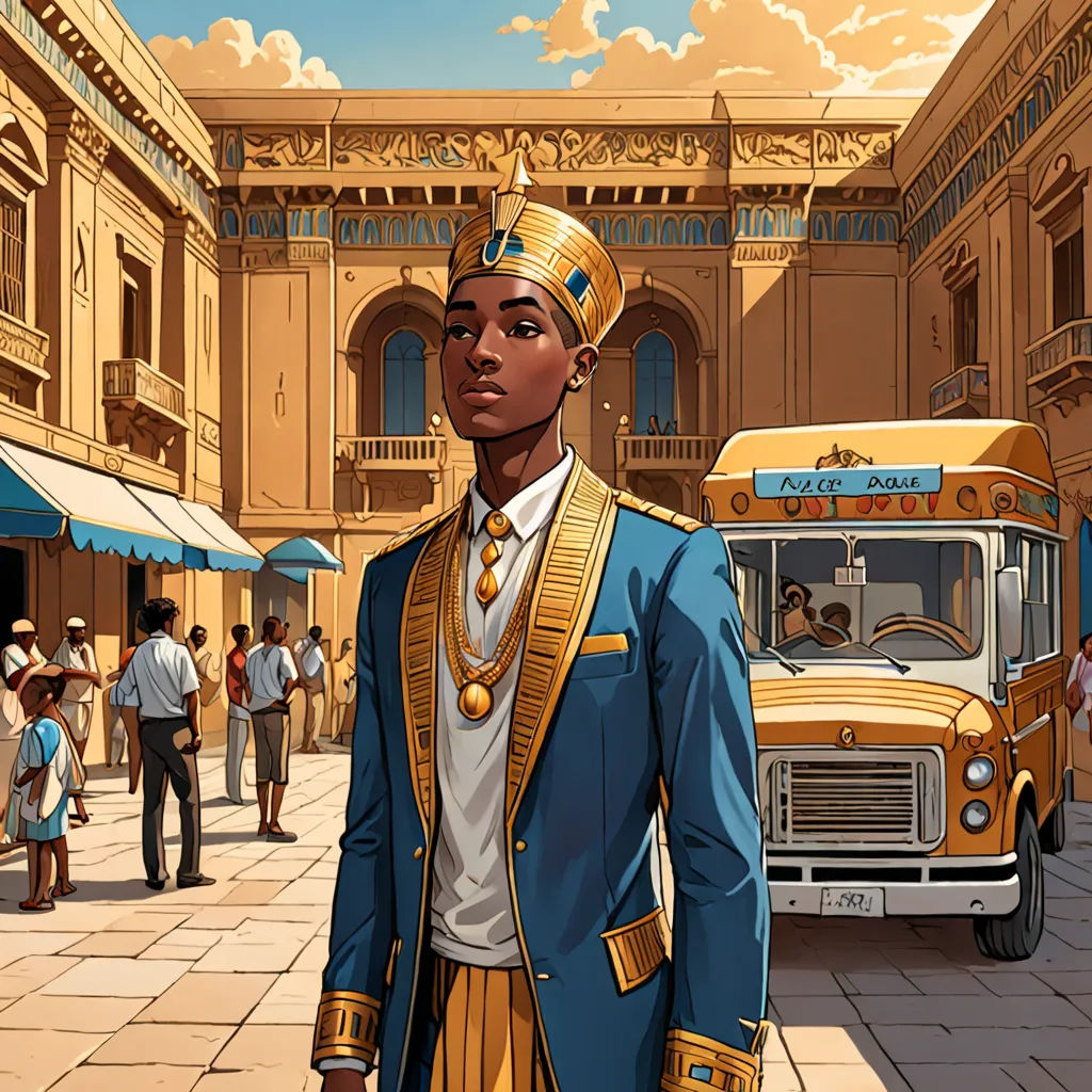 a man in a blue suit and gold hat standing in a street with a bus in the background and people walking around, afrofuturism, a character portrait<error>