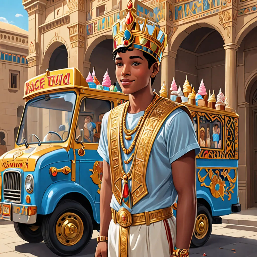 a man in a crown standing in front of a food truck in a cartoon style, with a building in the background, maximalism, concept art, Chris LaBrooy, high detail illustration