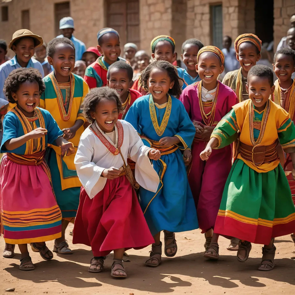 a group of children in colorful dresses are dancing together in a village in africa, with a group of people in the background, art & language, a poster, Afewerk Tekle, award-winning photograph