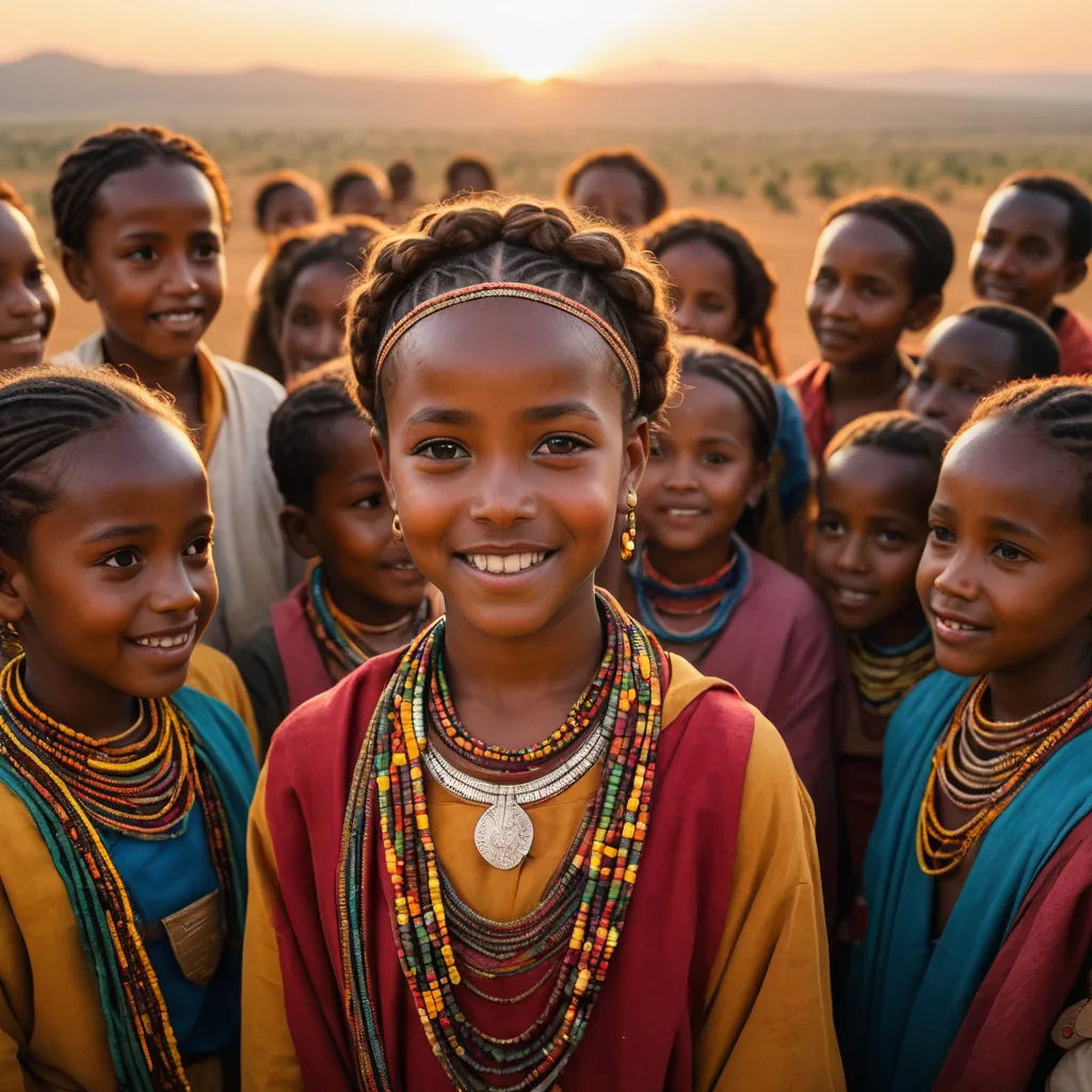 a group of young girls standing next to each other in a field with a sunset in the background and a person standing in front of them, art photography, computer graphics, Afewerk Tekle, award-winning photograph
