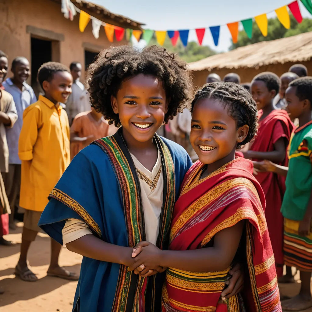 two young girls are hugging each other in front of a group of children in a village with flags and bunting, afrofuturism, a poster, Afewerk Tekle, award-winning photograph