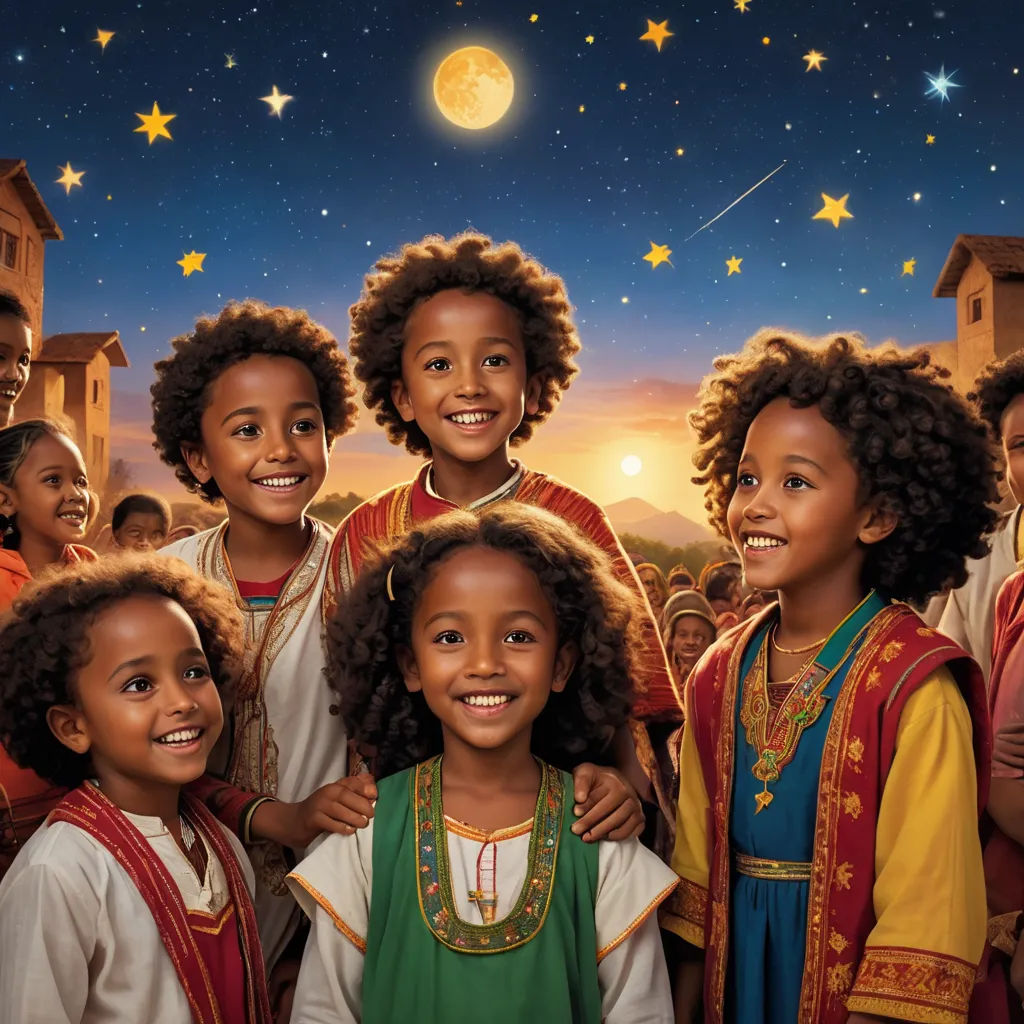 a group of children standing next to each other in front of a sky full of stars and a full moon, afrofuturism, poster art, Ella Guru, promotional image