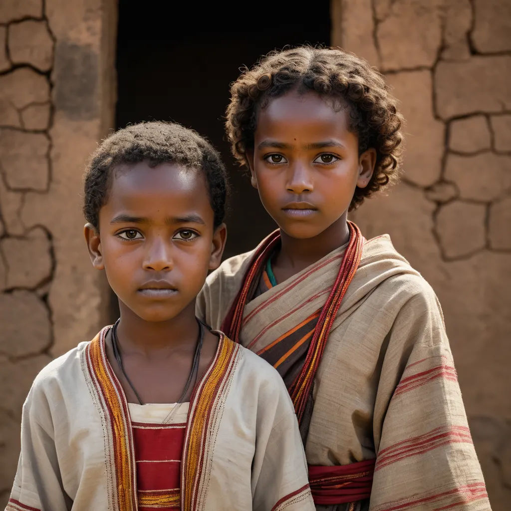 two young boys standing next to each other in front of a building with a door and a window on the side, primitivism, a poster, Afewerk Tekle, promotional image