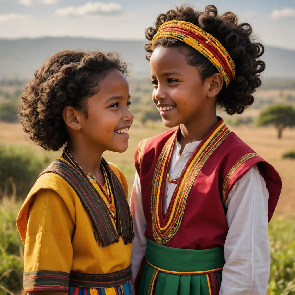 two young girls in traditional clothing smile at each other in a field of grass and trees in the background, sumatraism, a stock photo, Afewerk Tekle, cinematic photography