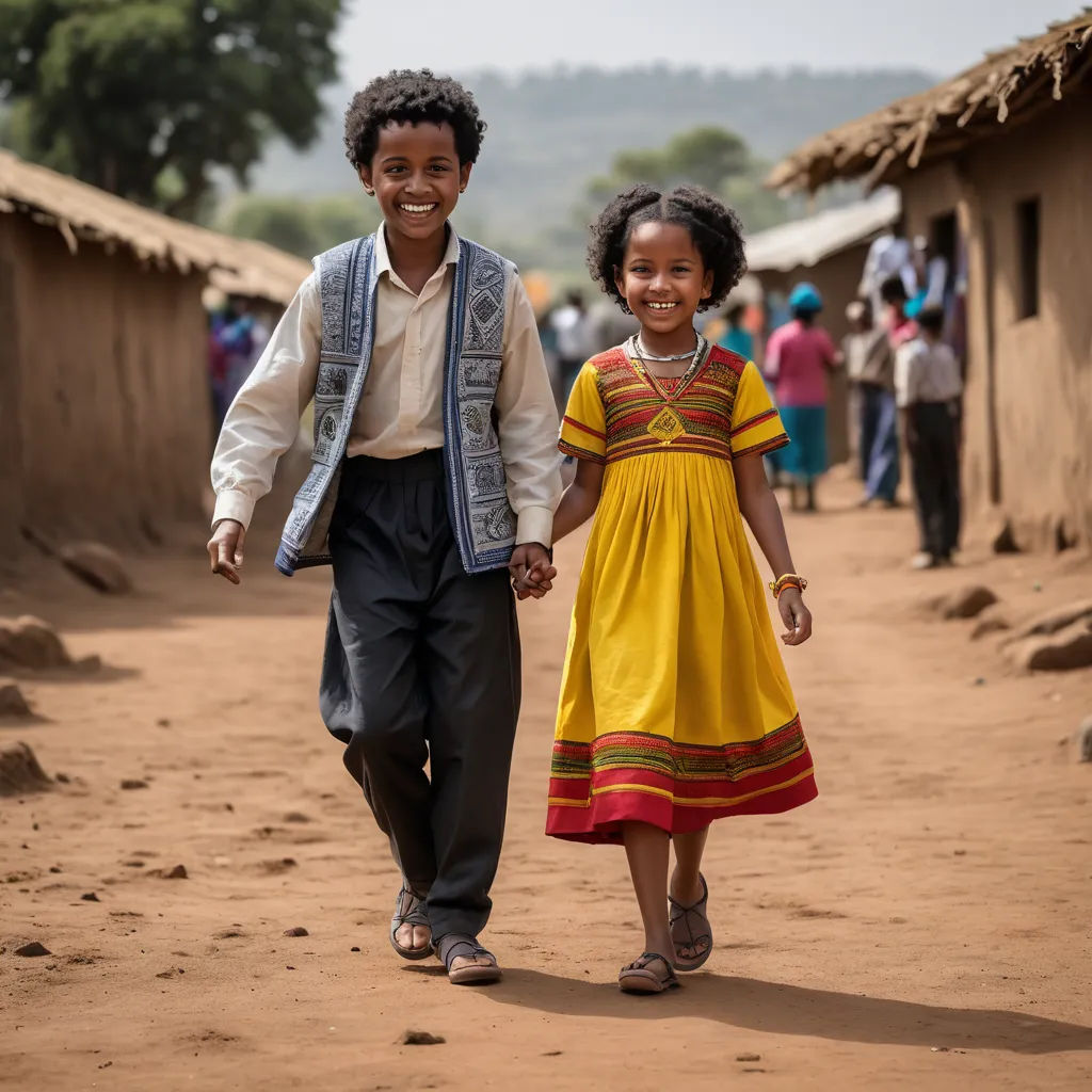 a boy and girl walking down a dirt road holding hands and smiling at the camera while people are walking by, naive art, a poster, Afewerk Tekle, award-winning photograph