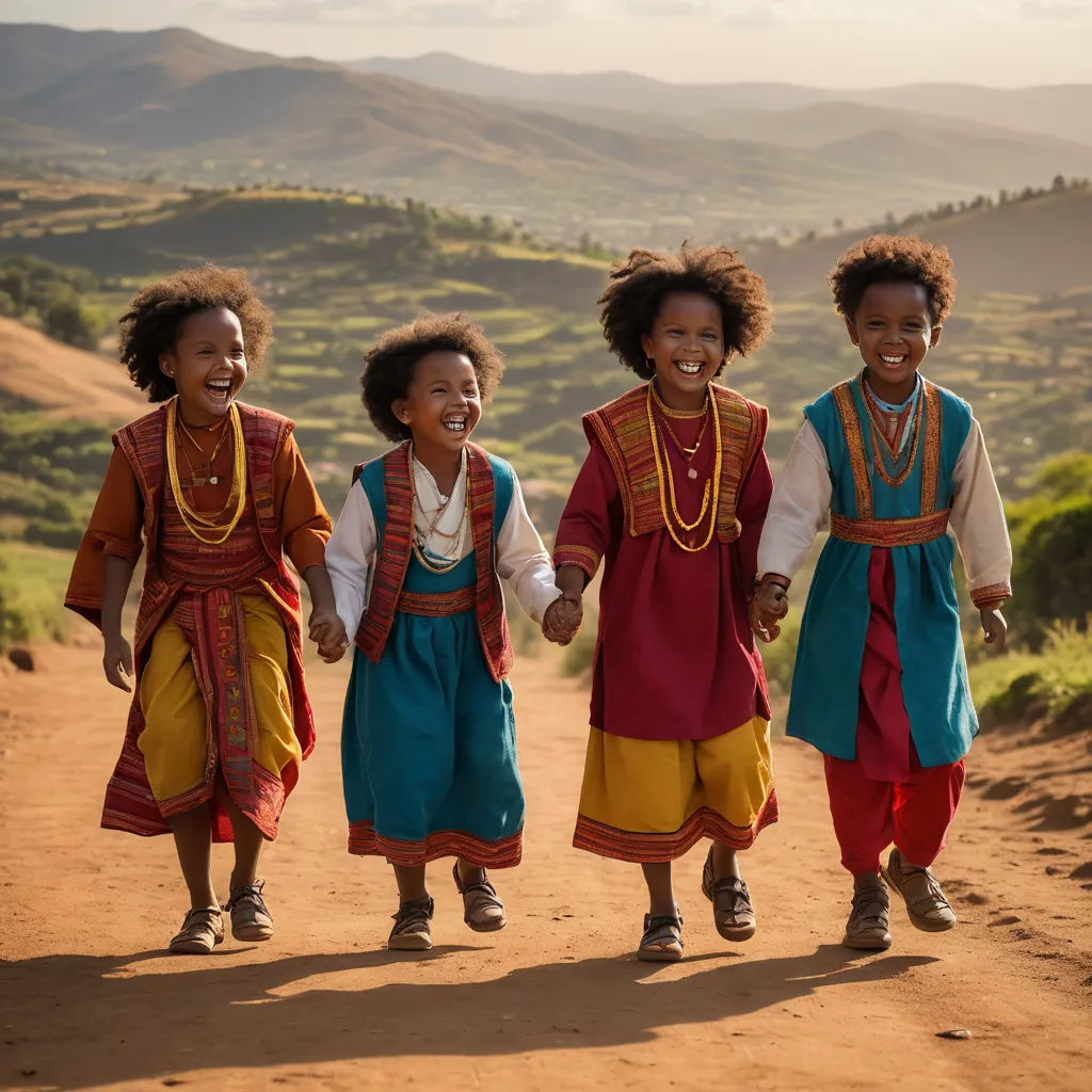 three young girls in ethnic clothing walking down a dirt road in the mountains of africa, with mountains in the background, sumatraism, a microscopic photo, Afewerk Tekle, cinematic photography