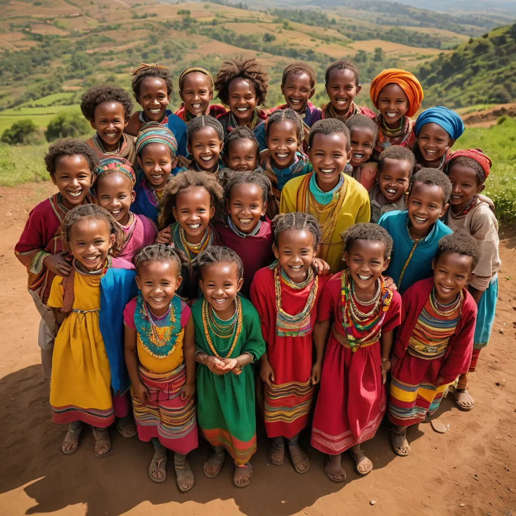 a group of children standing together in a circle on a dirt road in front of a valley and hills, les nabis, a jigsaw puzzle, Afewerk Tekle, award-winning photograph