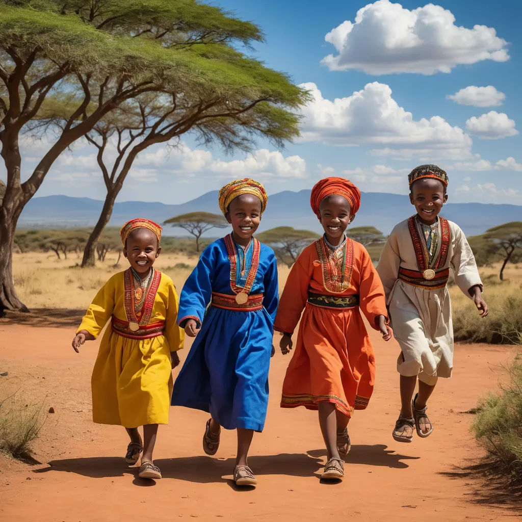 three children in colorful outfits walking down a dirt road in africa with a tree in the background and a blue sky with clouds, primitivism, a picture, Afewerk Tekle, award-winning photograph