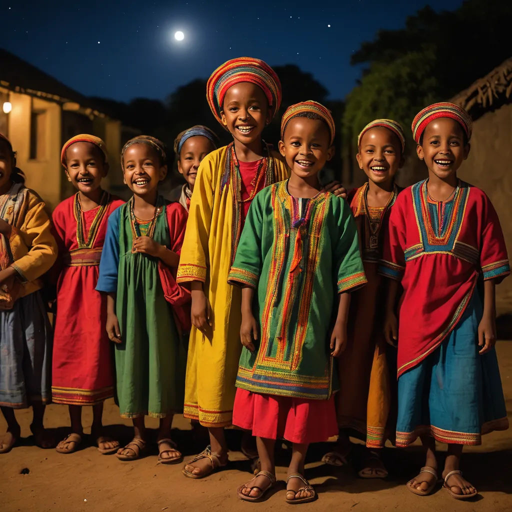 a group of young children standing next to each other in front of a building at night with a full moon in the sky, art photography, a jigsaw puzzle, Afewerk Tekle, award-winning photograph