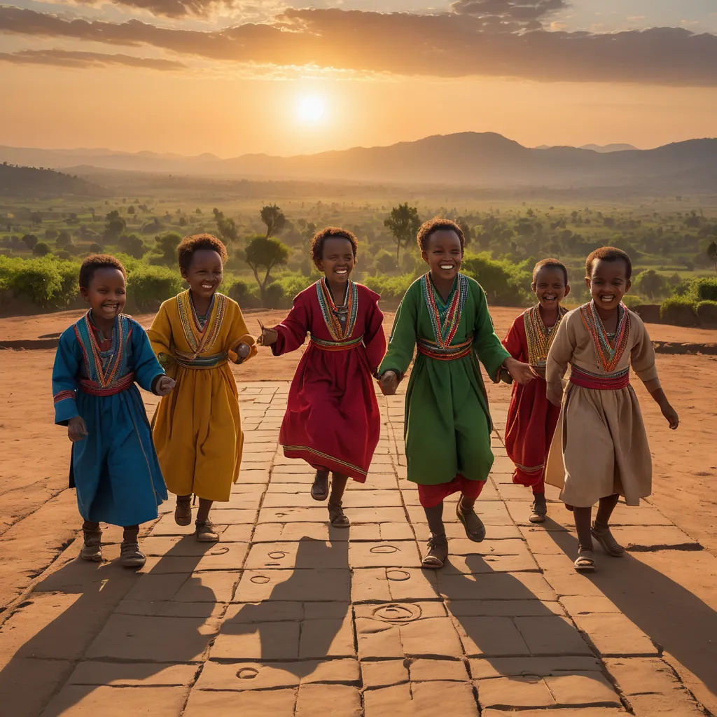a group of children are running across a brick walkway in front of a sunset sky and mountains in the distance, art photography, a jigsaw puzzle, Afewerk Tekle, award-winning photograph